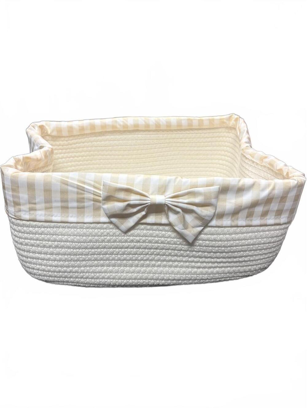 Woven Storage Basket Yellow Gingham Trim Bow Accent Nursery Organizer Bin